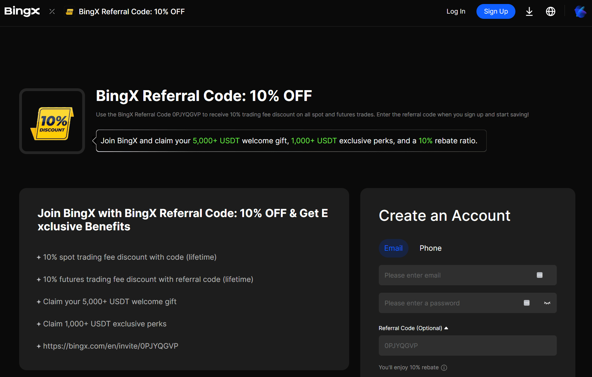 BingX cod de recomandare introdus in formularul de inregistrare