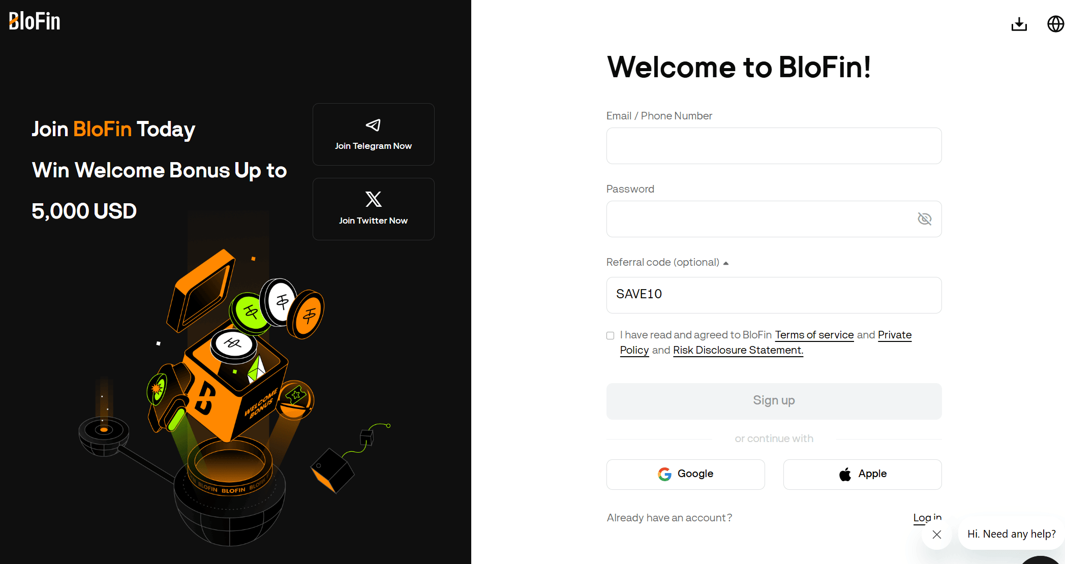 BloFin cod de recomandare introdus in formularul de inregistrare