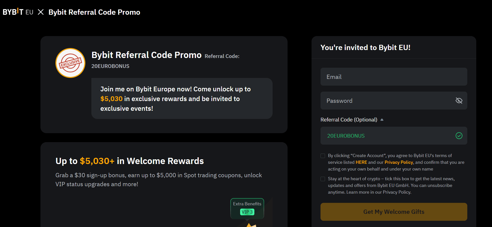 Bybit EU cod de recomandare introdus in formularul de inregistrare