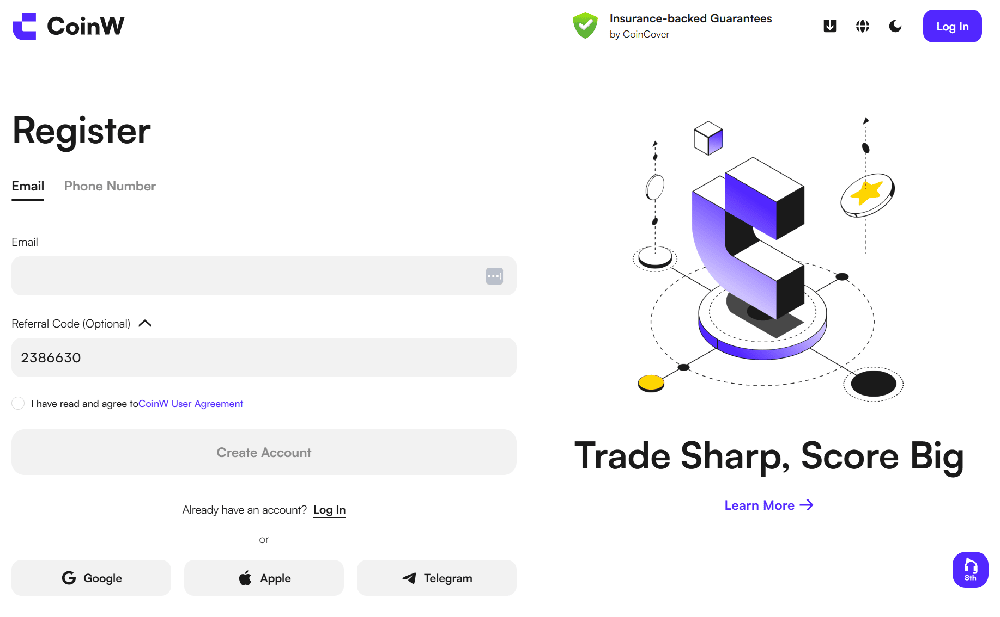 CoinW cod de recomandare introdus la inregistrare si Rewards Hub