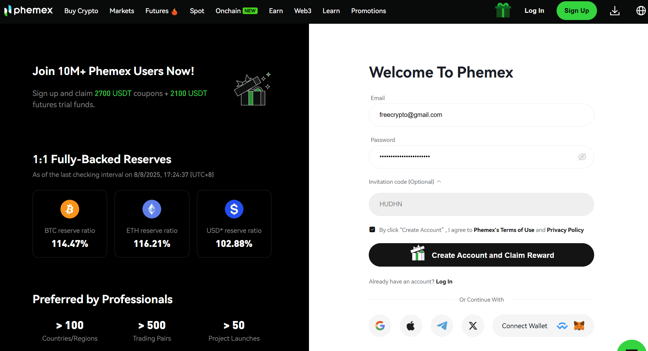 Phemex cod de invitatie introdus in formularul de inregistrare