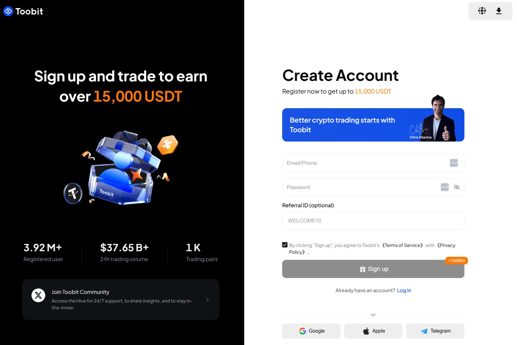 Toobit referral ID introdus in formularul de inregistrare